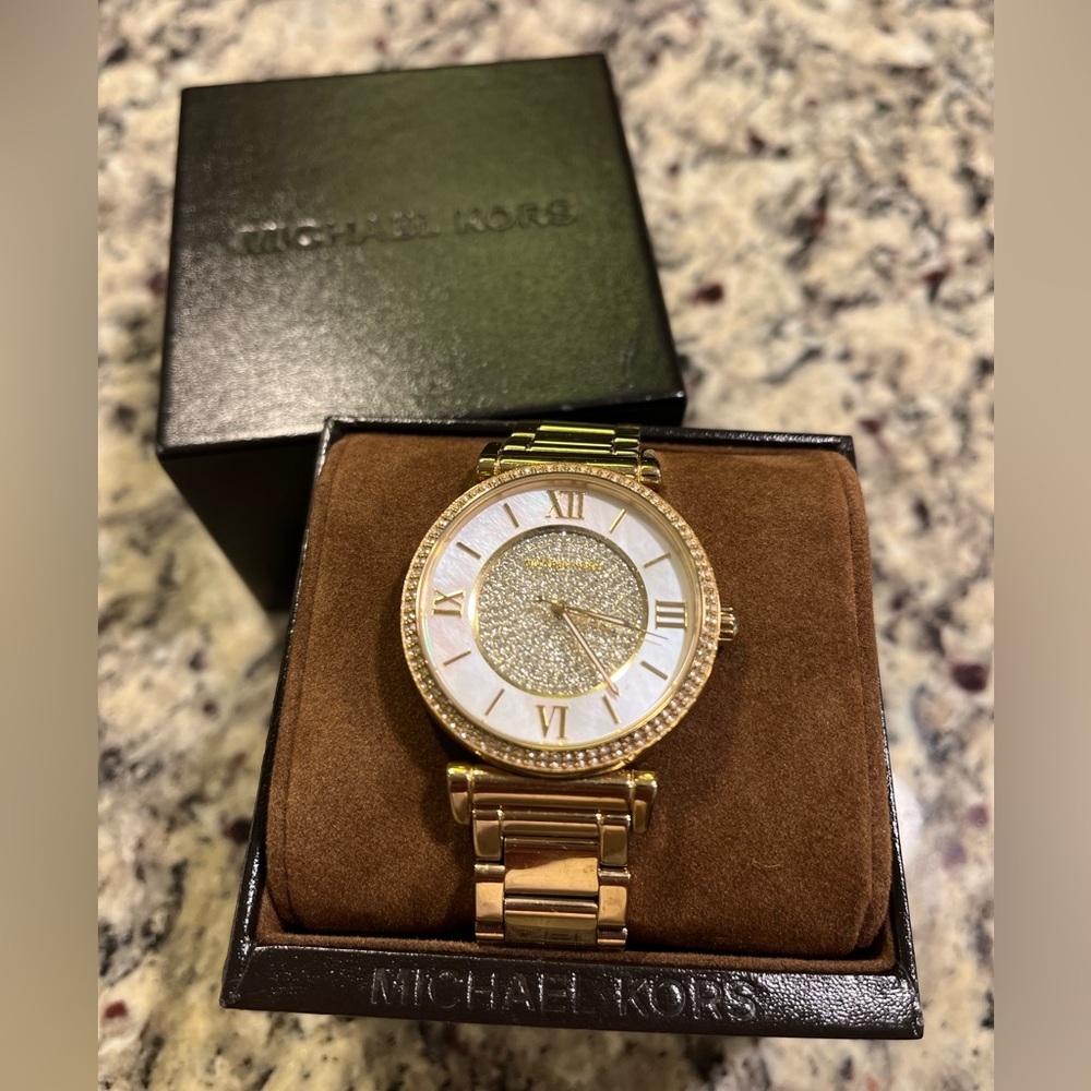 Michael Kors Gold Women's Watch with Pearl face and diamonds